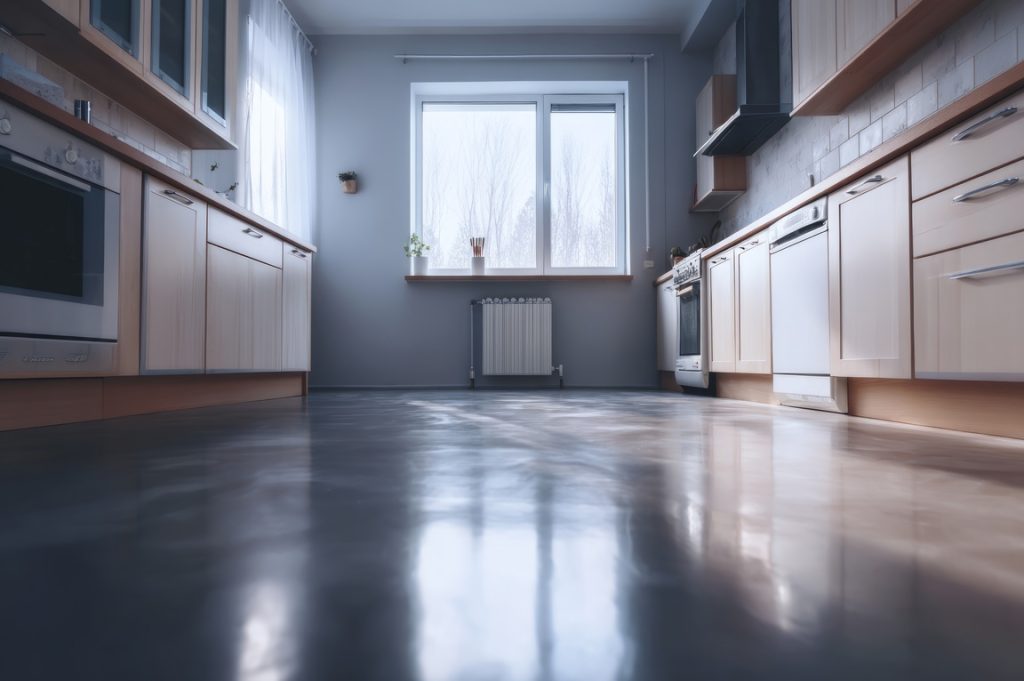 A modern kitchen featuring a polished concrete floor that embodies an industrial aesthetic. The interior design focuses on clean lines and natural light.