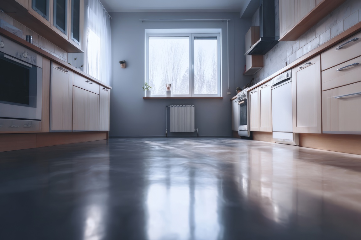 A modern kitchen featuring a polished concrete floor that embodies an industrial aesthetic. The interior design focuses on clean lines and natural light.
